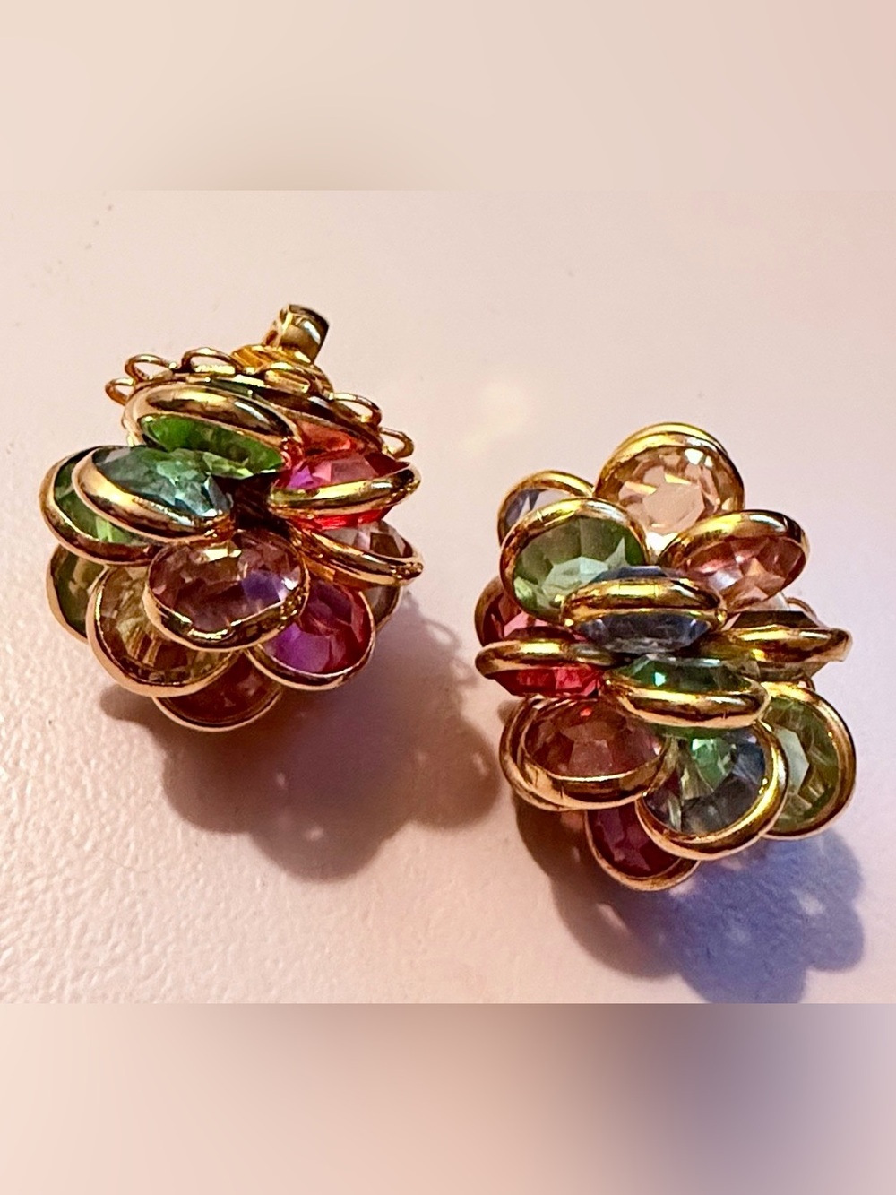 Vintage Swarovski Crystal Cluster Bezel Clip On Earrings Gold Pastel Multi